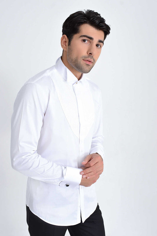 White formal button-down shirt with a crisp, tailored fit and classic cufflinks.