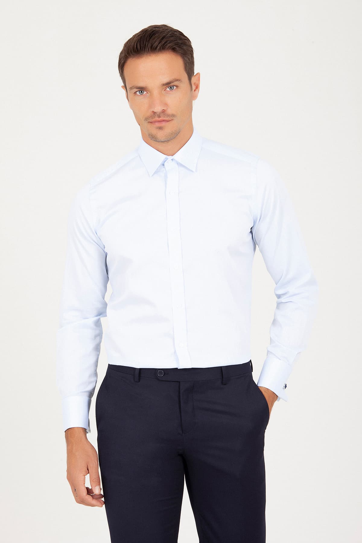 Slim Fit French Cuff Cotton Blue Dress Shirt - SAYKI