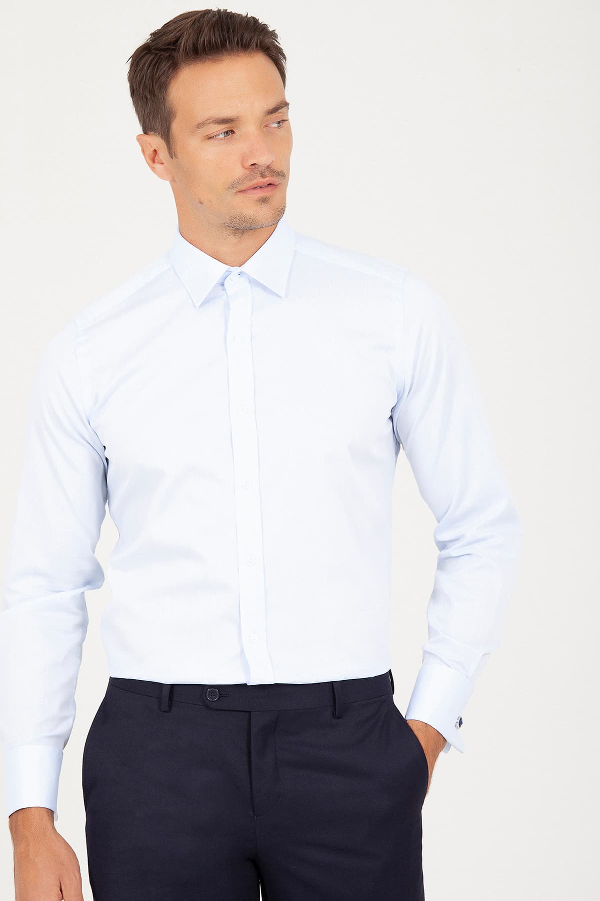 Slim Fit French Cuff Cotton Blue Dress Shirt - SAYKI