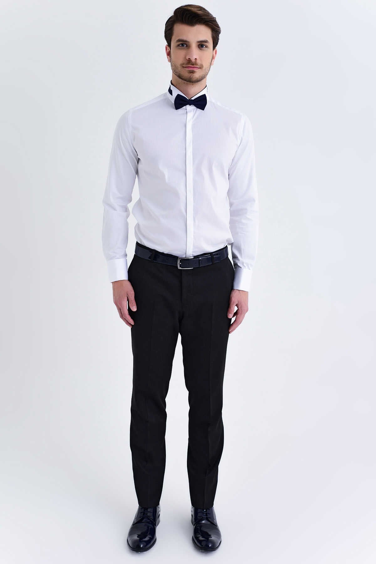 Slim Fit French Cuff Cotton White Tuxedo Shirt - SAYKI