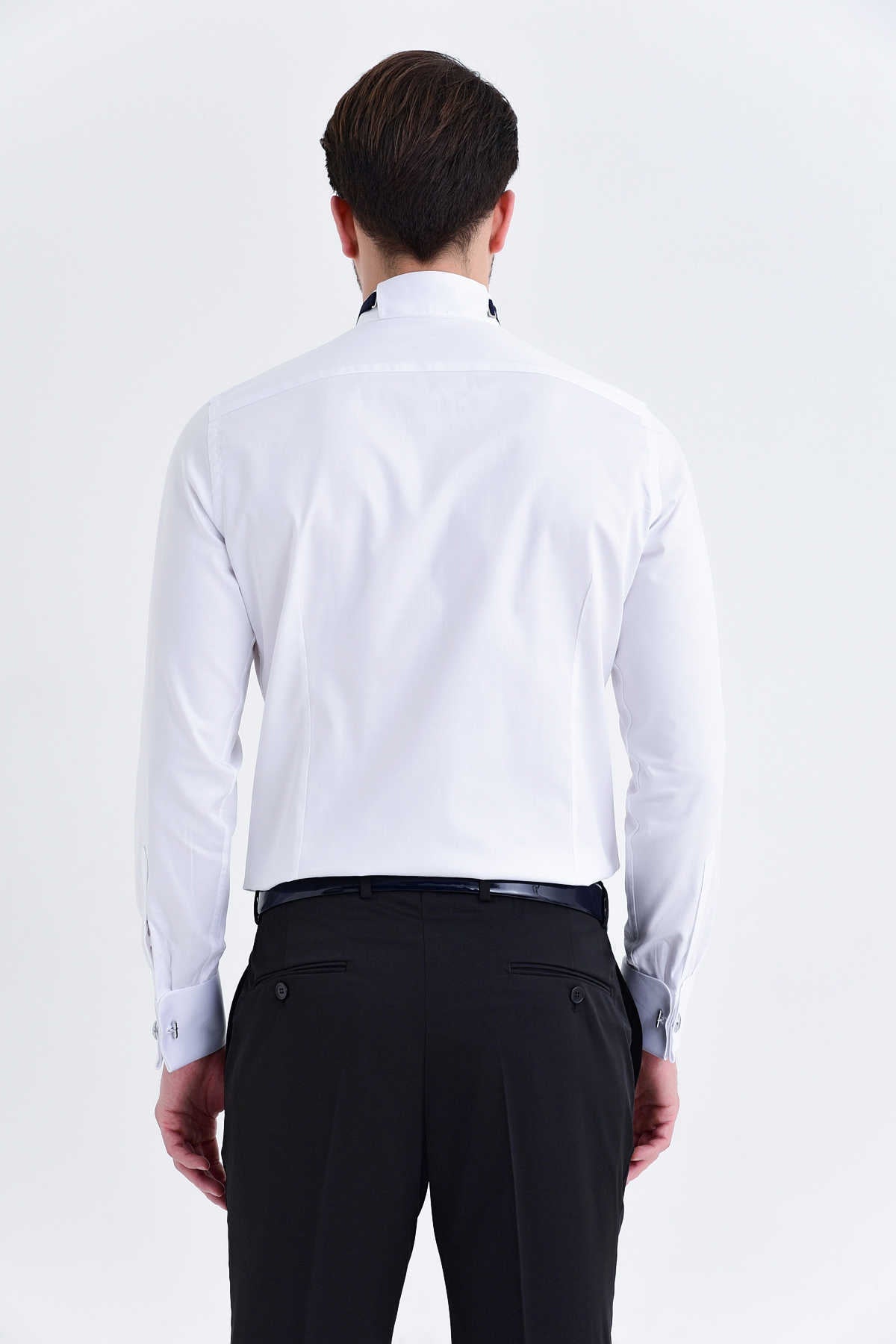 Slim Fit French Cuff Cotton White Tuxedo Shirt - SAYKI