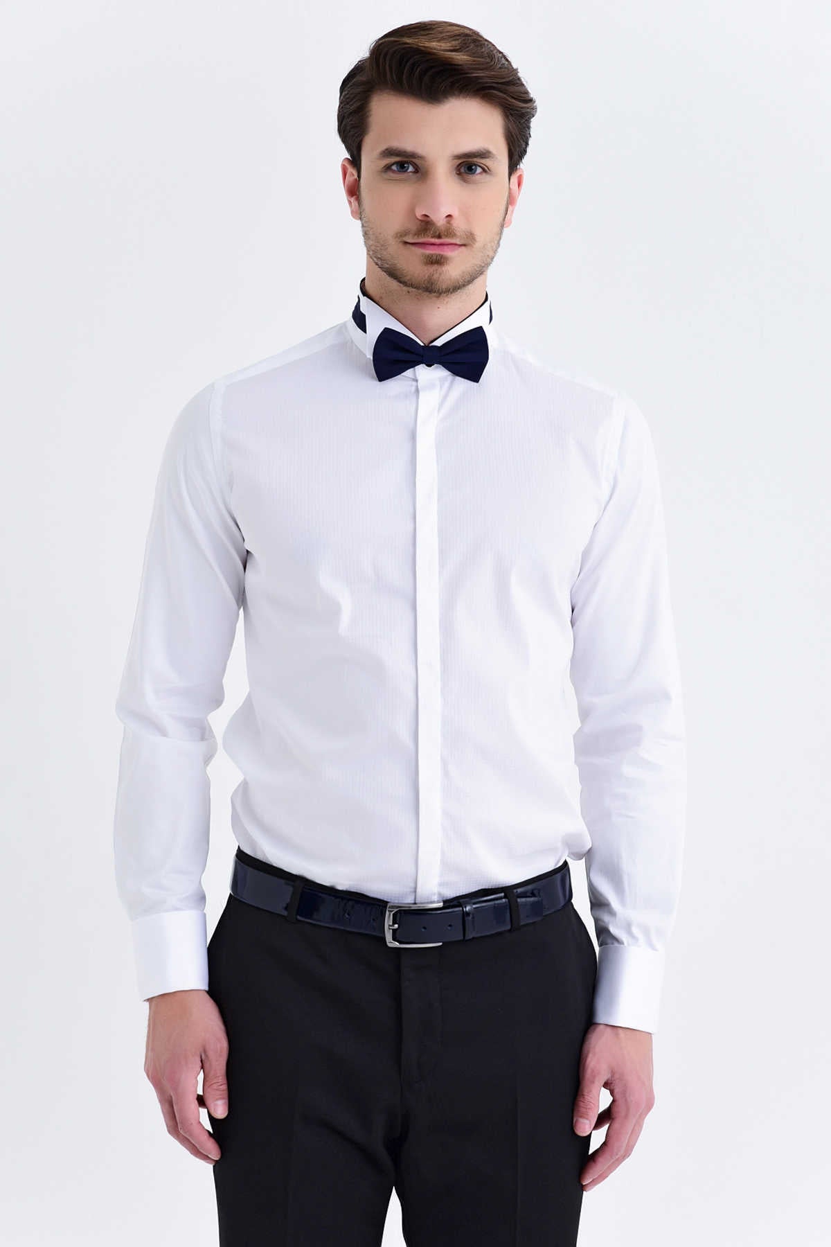 Slim Fit French Cuff Cotton White Tuxedo Shirt - SAYKI