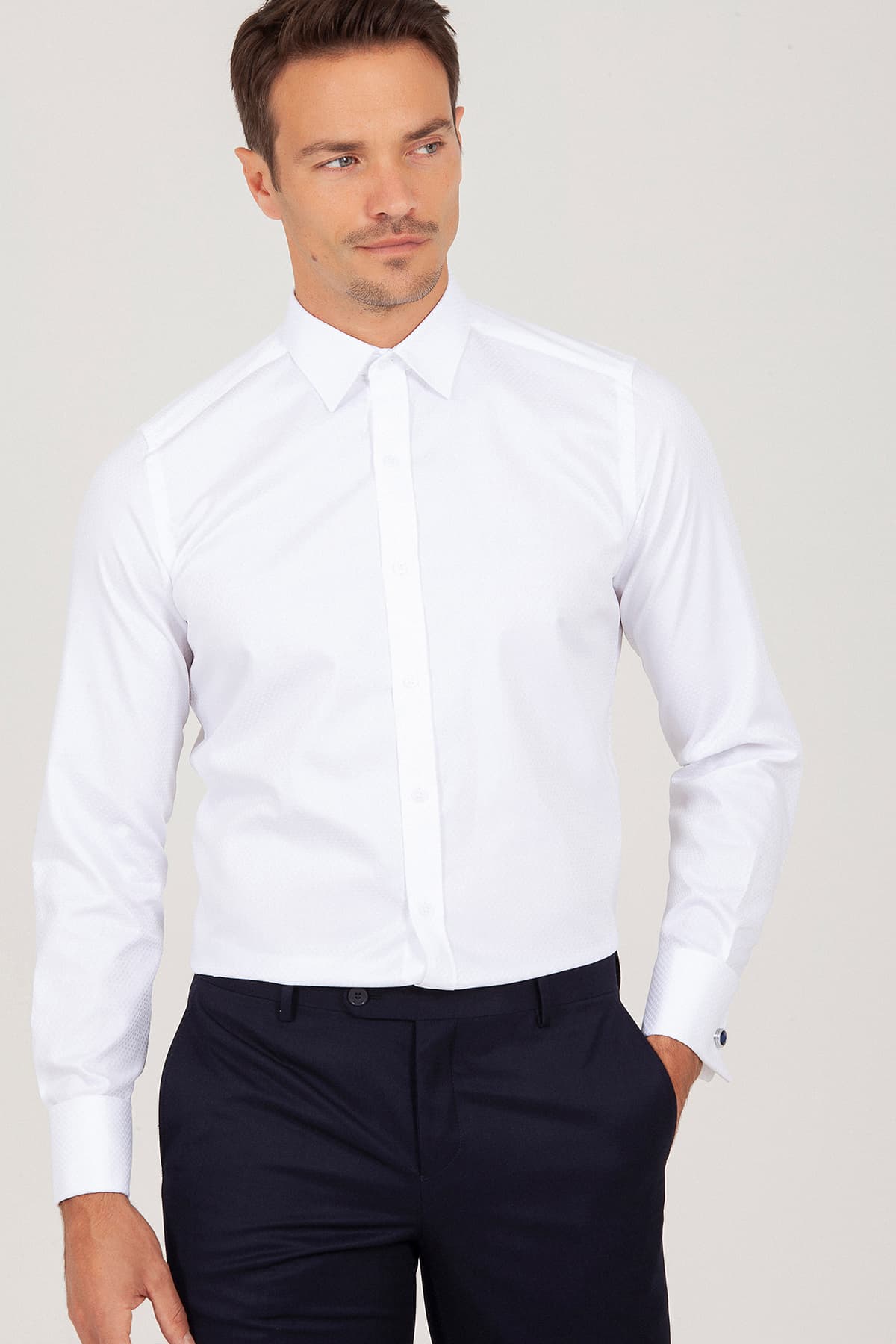 Slim Fit French Cuff White Dress Shirt - SAYKI