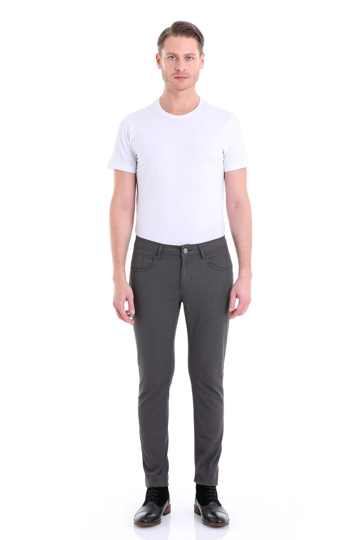 Slim Fit Gray 5 Pocket Low Waist Cotton Casual Pants - SAYKI