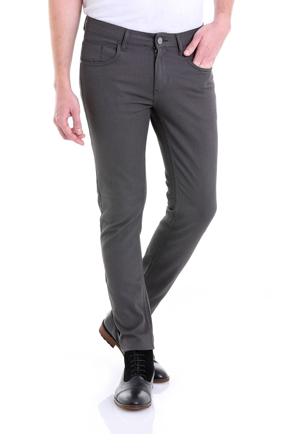 Dark gray slim-fit trousers with a classic five-pocket design and belt loops.