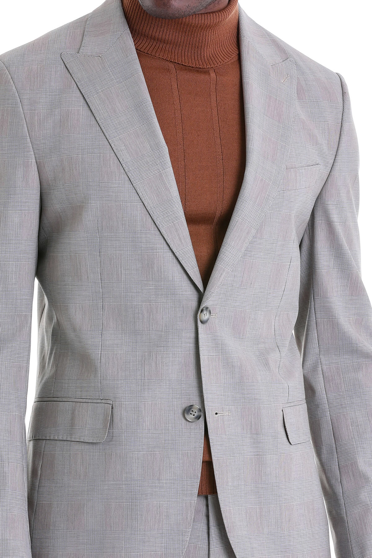 A tailored gray blazer with a subtle checkered pattern, featuring classic notched lapels and two front flap pockets.