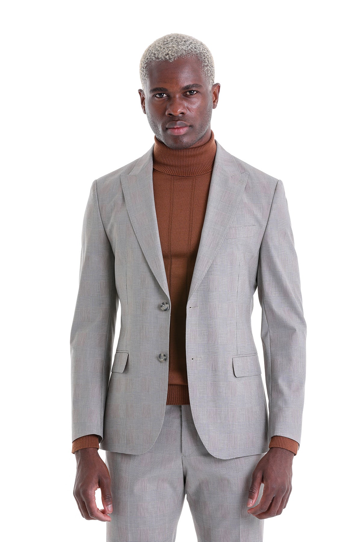 Light gray blazer with a subtle checkered pattern and matching trousers.