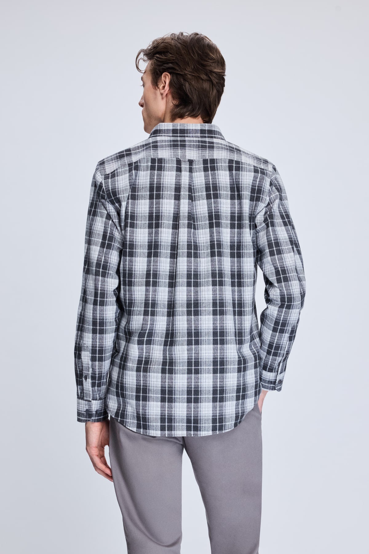Slim Fit Gray Plaid Cotton Blend Casual Shirt - SAYKI