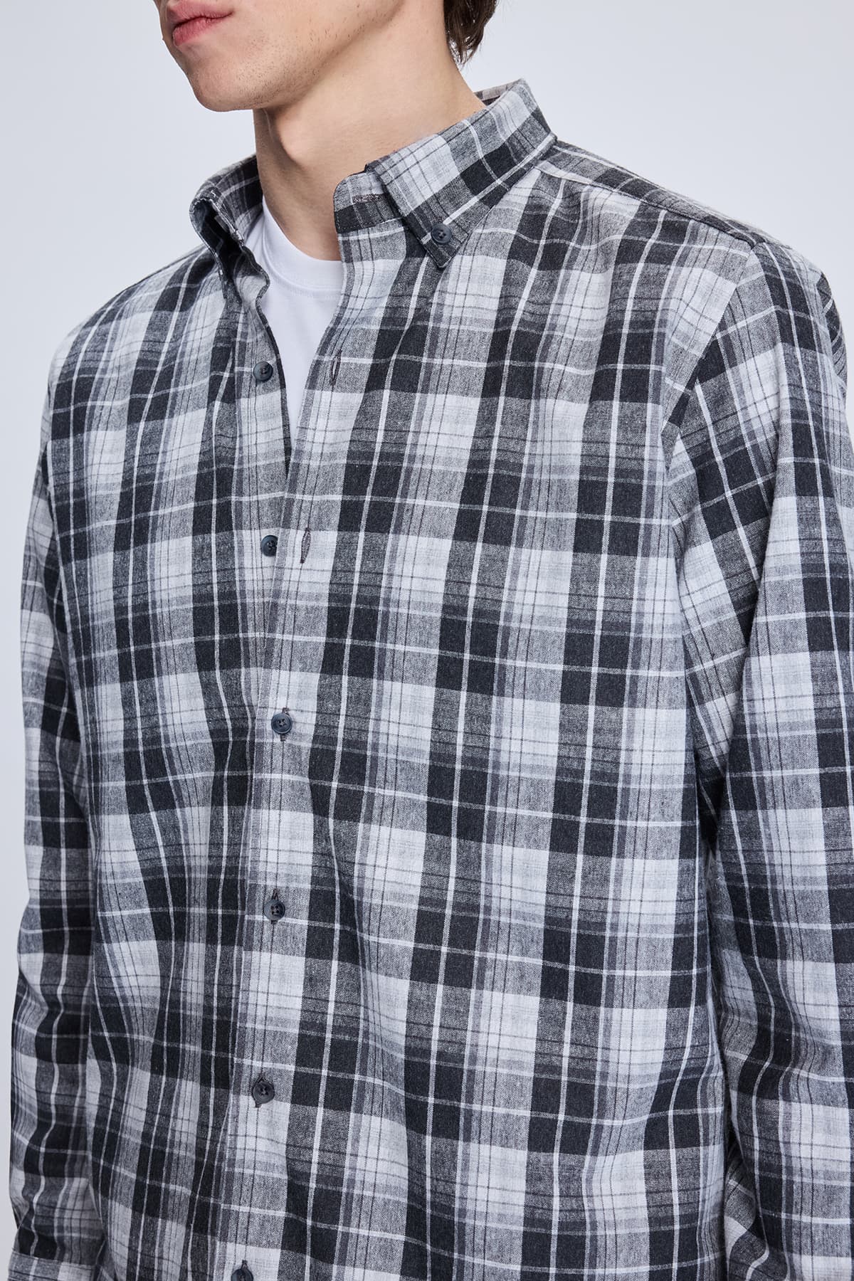 Slim Fit Gray Plaid Cotton Blend Casual Shirt - SAYKI