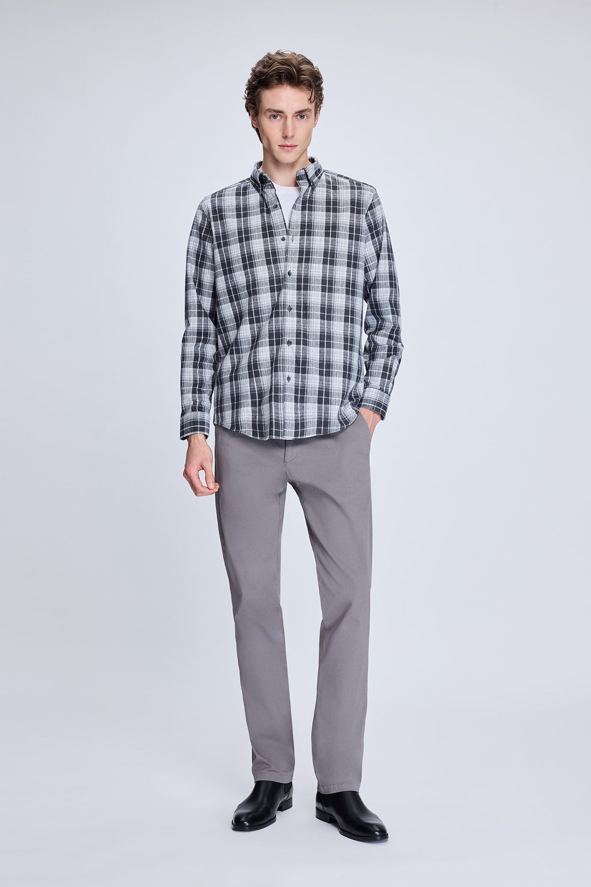 Slim Fit Gray Plaid Cotton Blend Casual Shirt - SAYKI