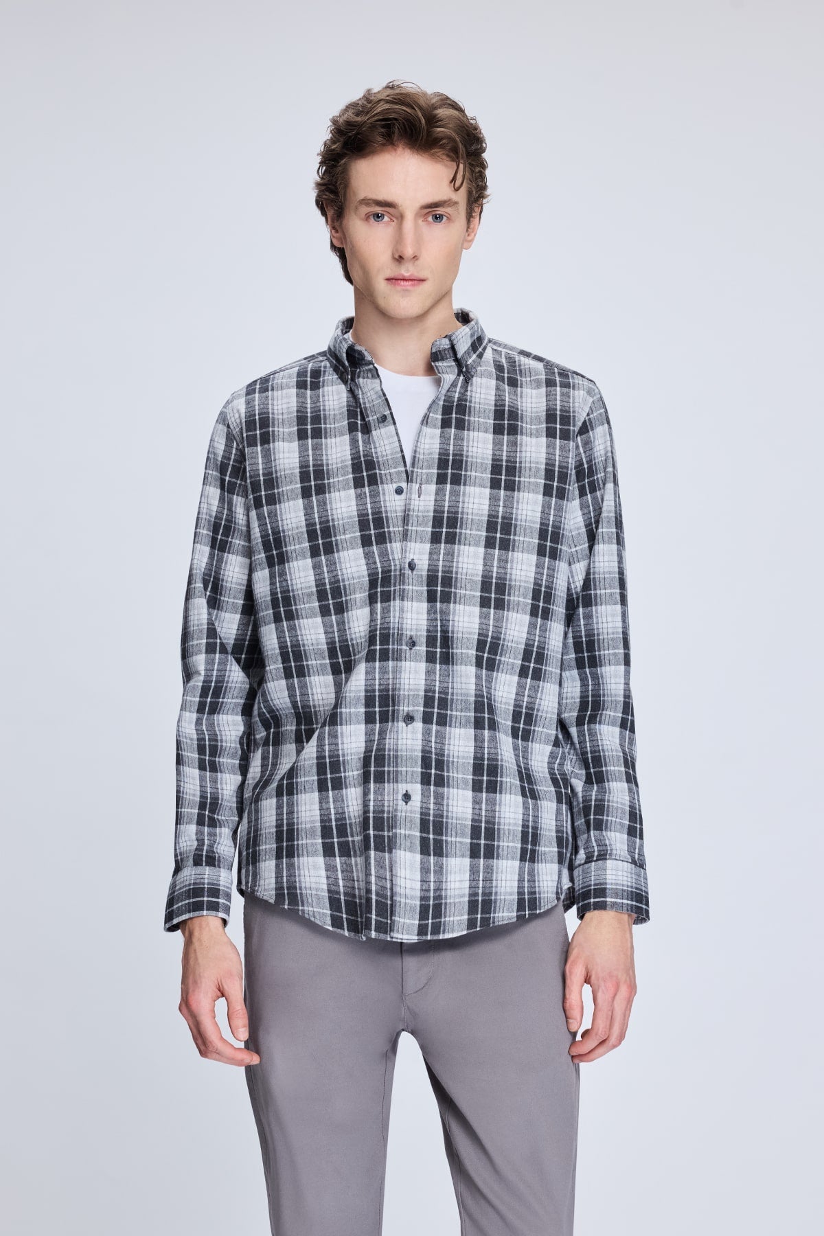 Slim Fit Gray Plaid Cotton Blend Casual Shirt - SAYKI