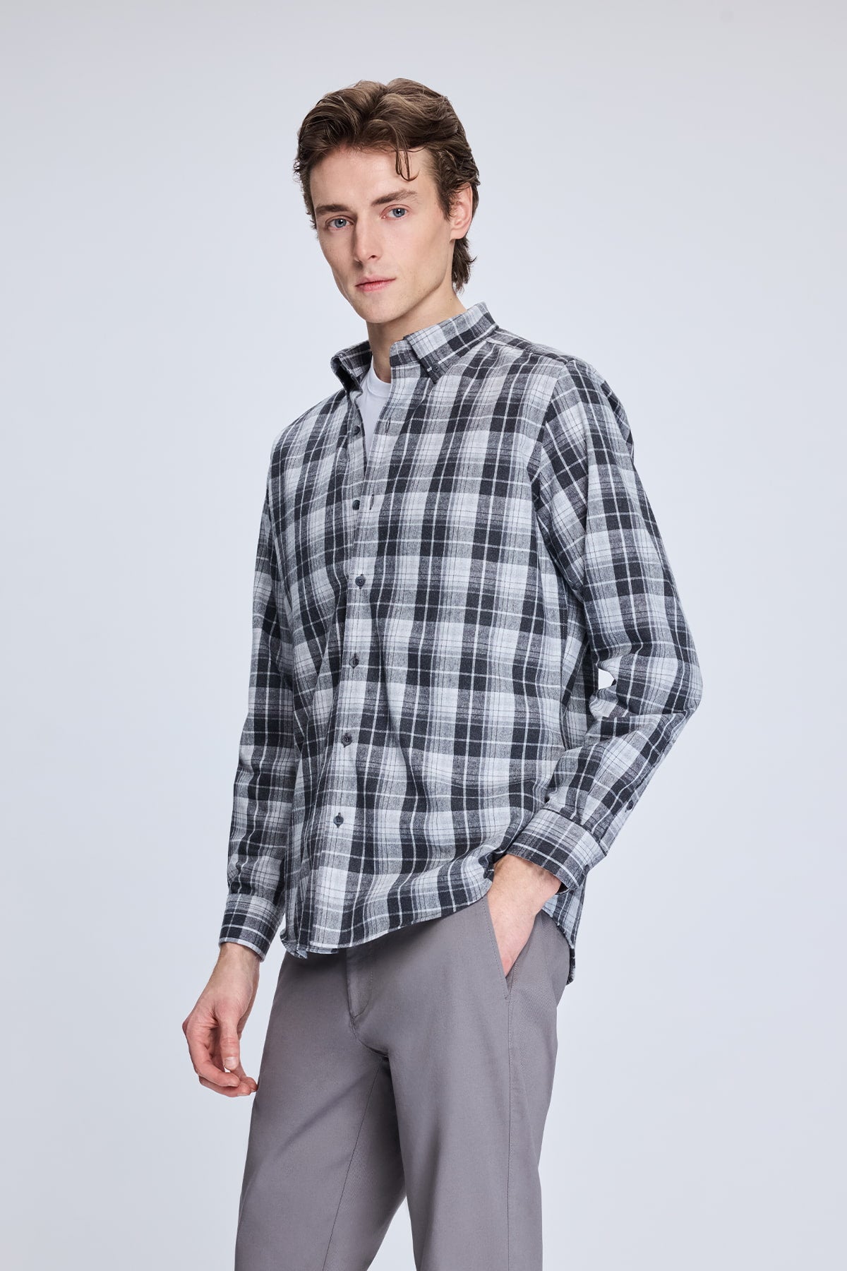 Slim Fit Gray Plaid Cotton Blend Casual Shirt - SAYKI