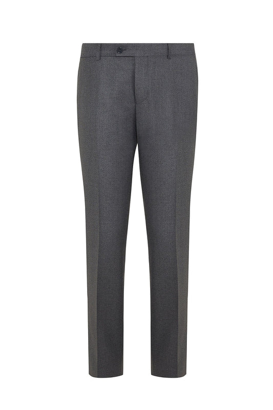 Dark gray wool blend trousers with a subtle textured pattern and classic tailored fit.