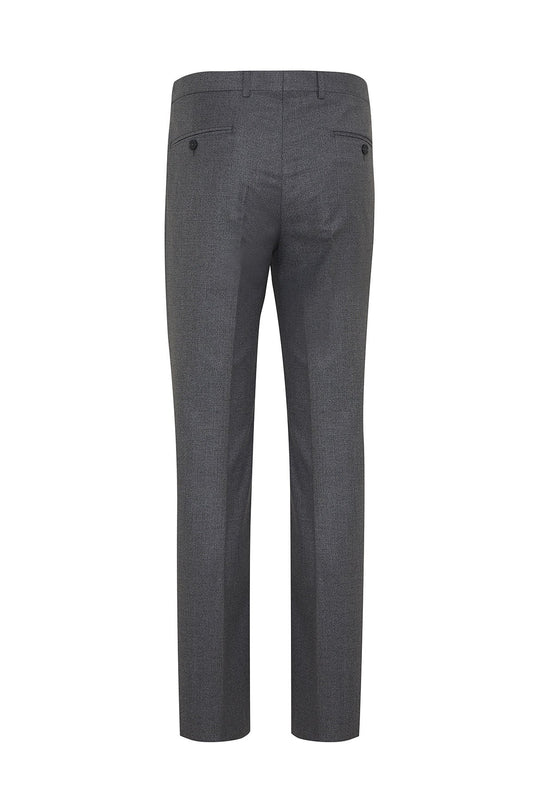 Charcoal gray slim fit dress pants with a subtle texture and front pockets.