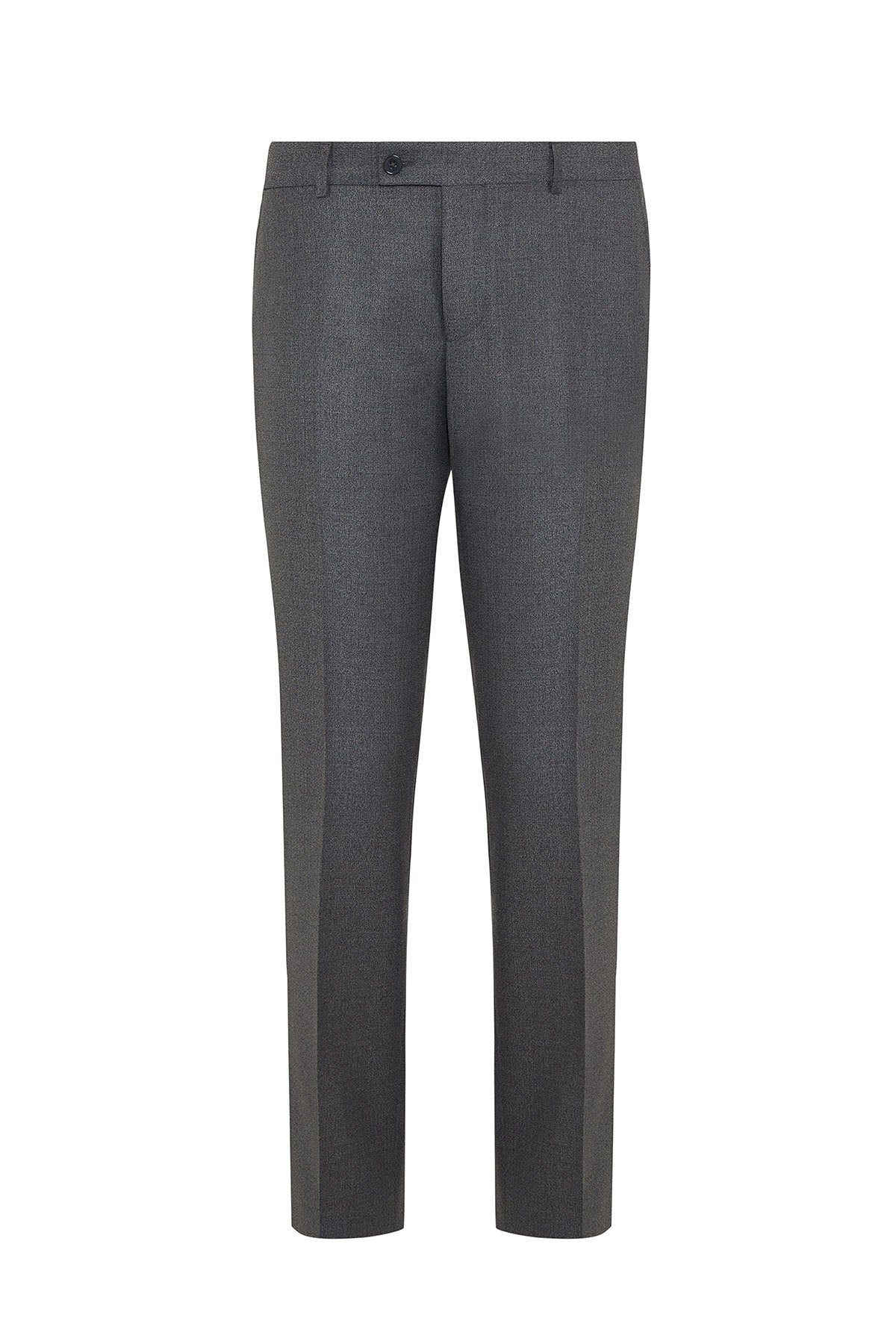 Dark gray wool blend trousers with a subtle textured pattern and classic tailored fit.