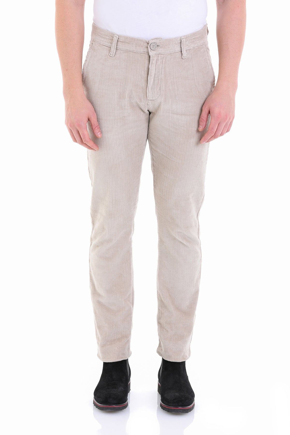 Beige corduroy trousers with fine vertical stripes and a classic tapered fit.