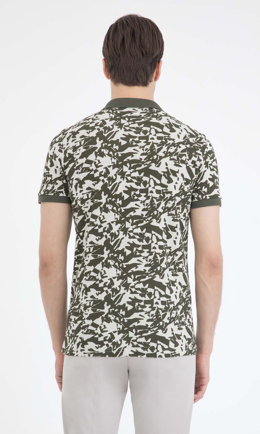 Slim Fit Khaki - Beige Printed Cotton Polo T-Shirt - SAYKI