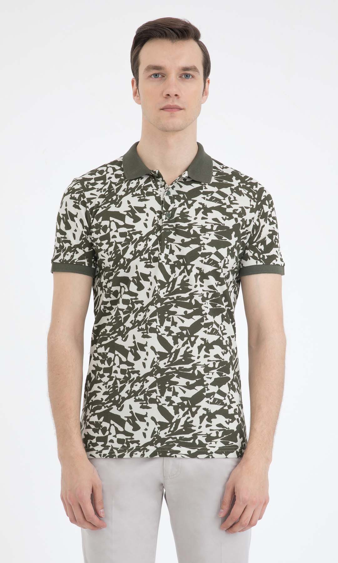 Slim Fit Khaki - Beige Printed Cotton Polo T-Shirt - SAYKI