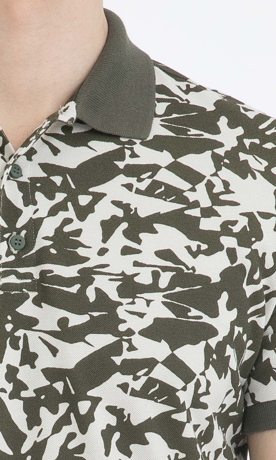 Slim Fit Khaki - Beige Printed Cotton Polo T-Shirt - SAYKI