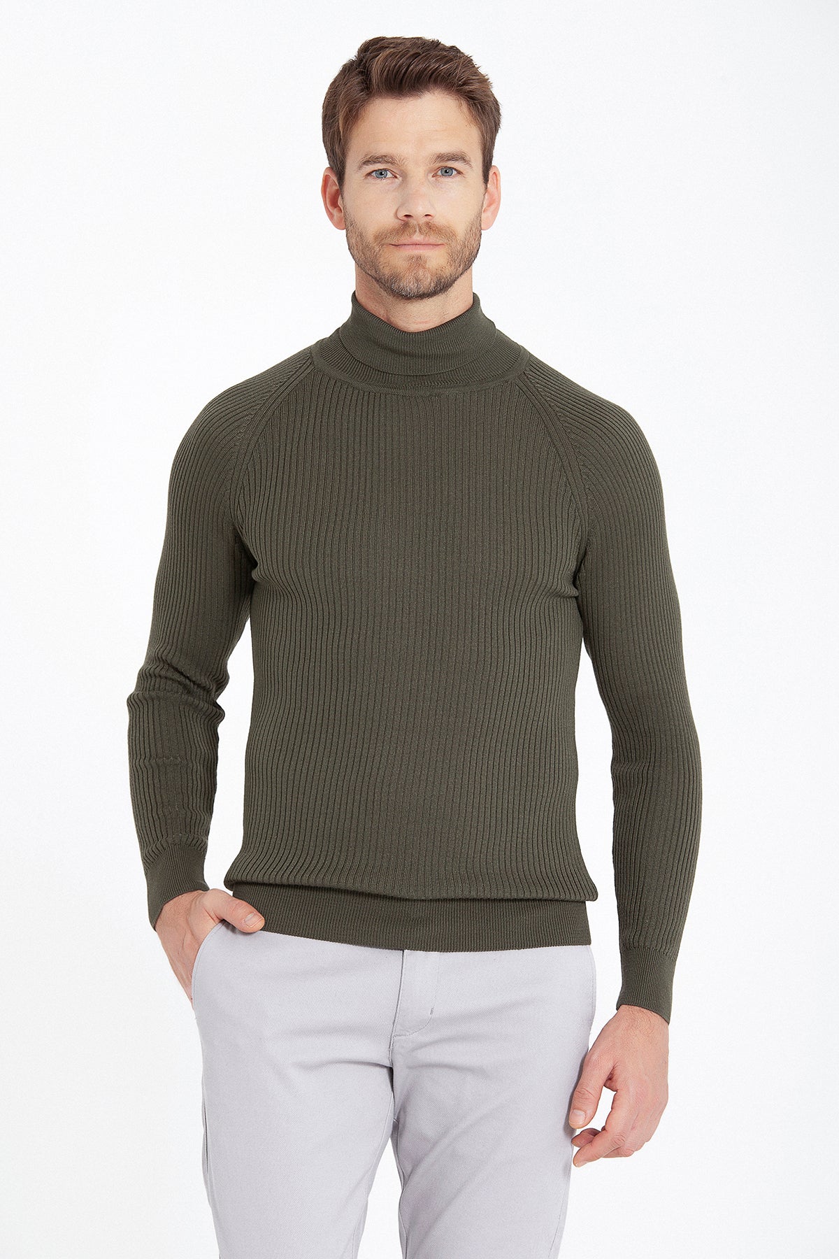 Slim Fit Khaki Turtleneck Sweater - SAYKI - 8682819022569