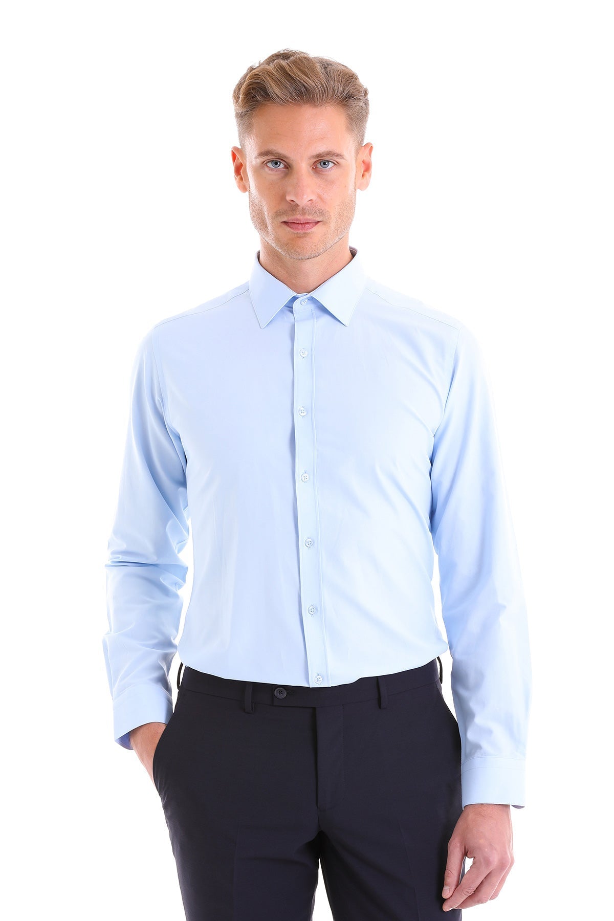 Slim Fit Light Blue Cotton Blend Dress Shirt - SAYKI