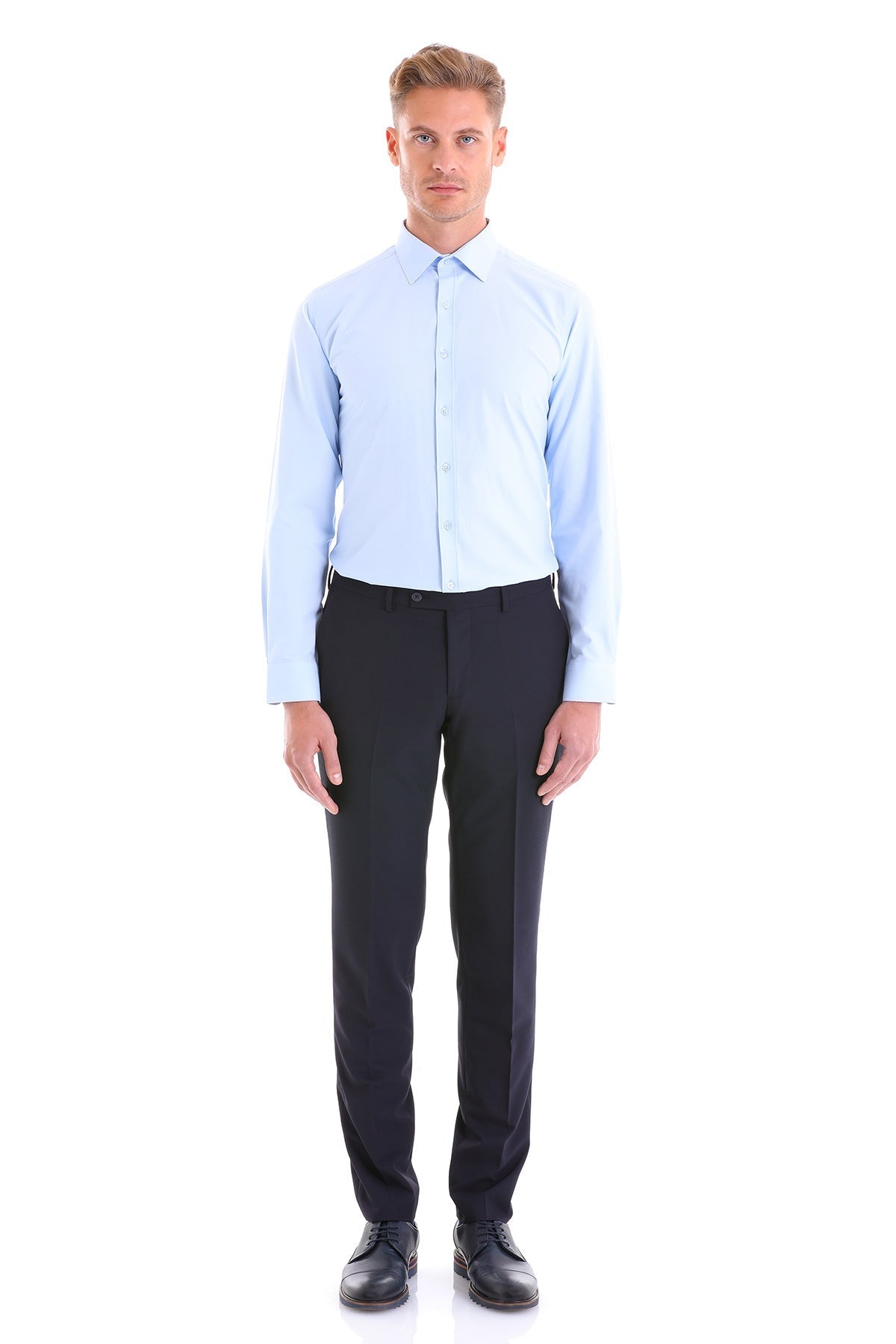 Slim Fit Light Blue Cotton Blend Dress Shirt - SAYKI