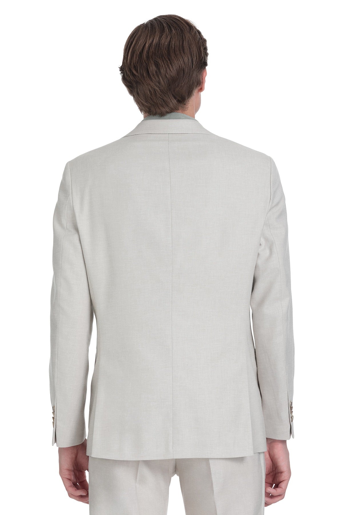 A sleek, light beige tailored suit jacket with a clean back seam and subtle buttoned cuffs.