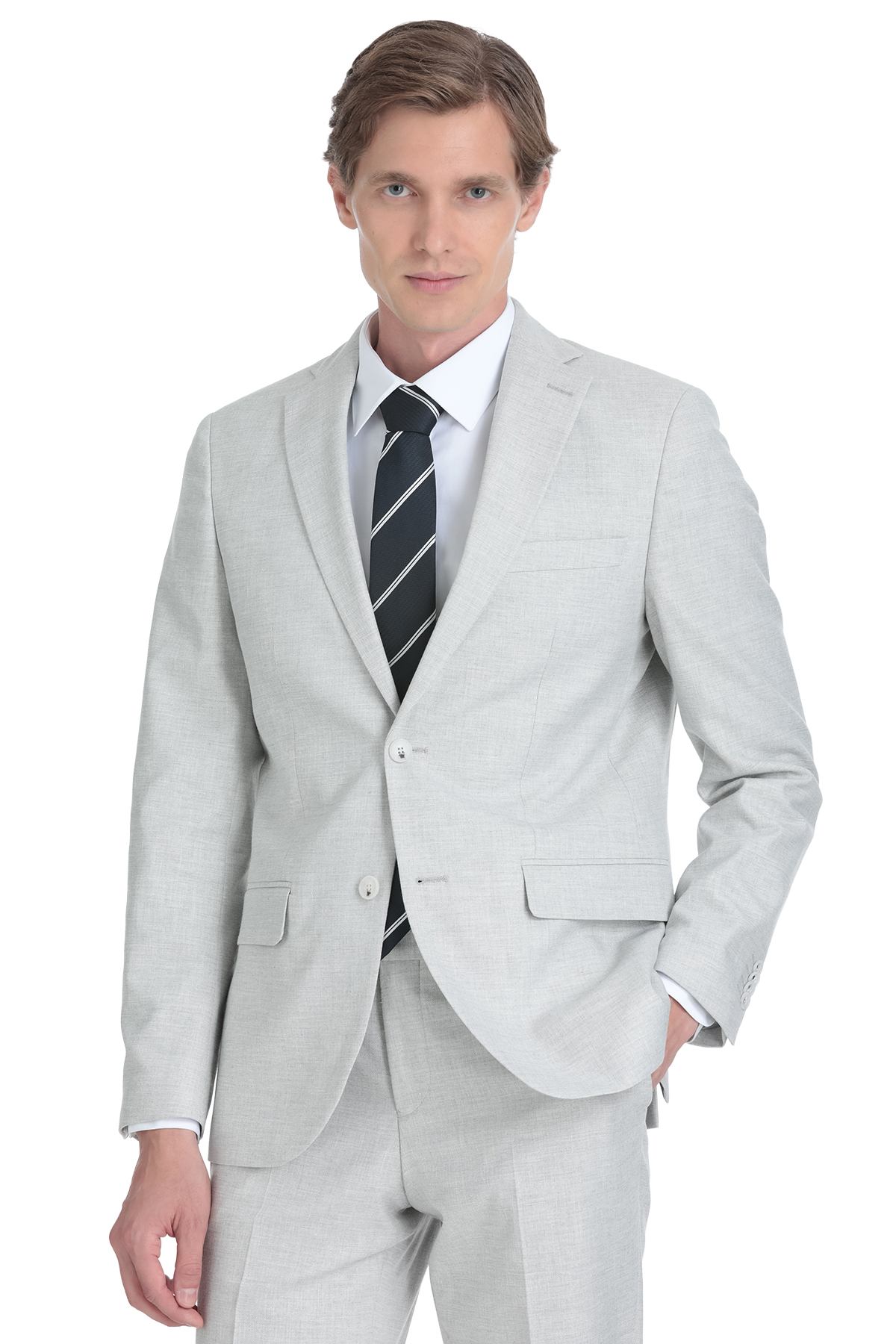 A sleek, light gray men’s suit with a tailored fit and subtle texture.