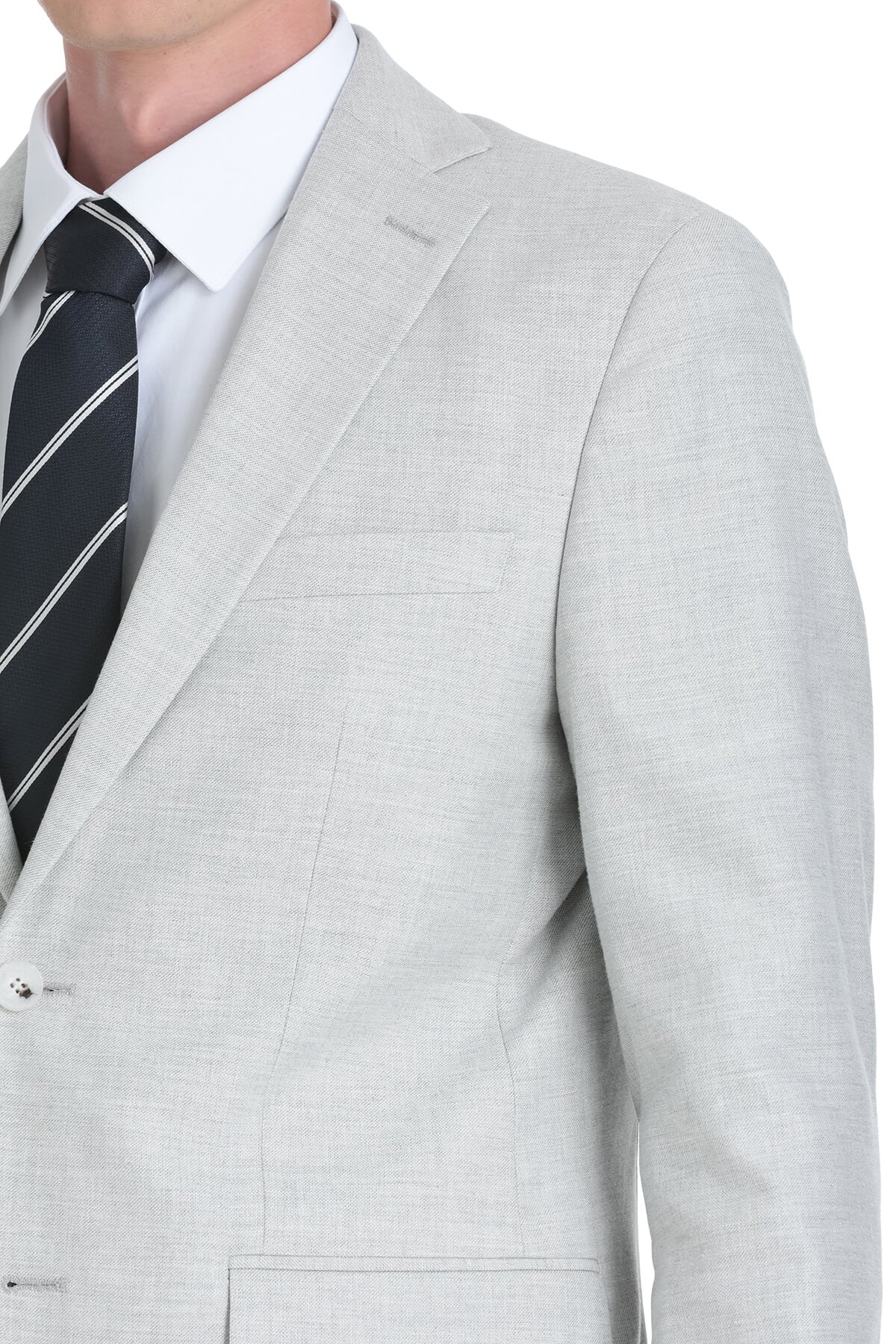 Light gray textured wool blazer with notched lapels and a subtle woven pattern.