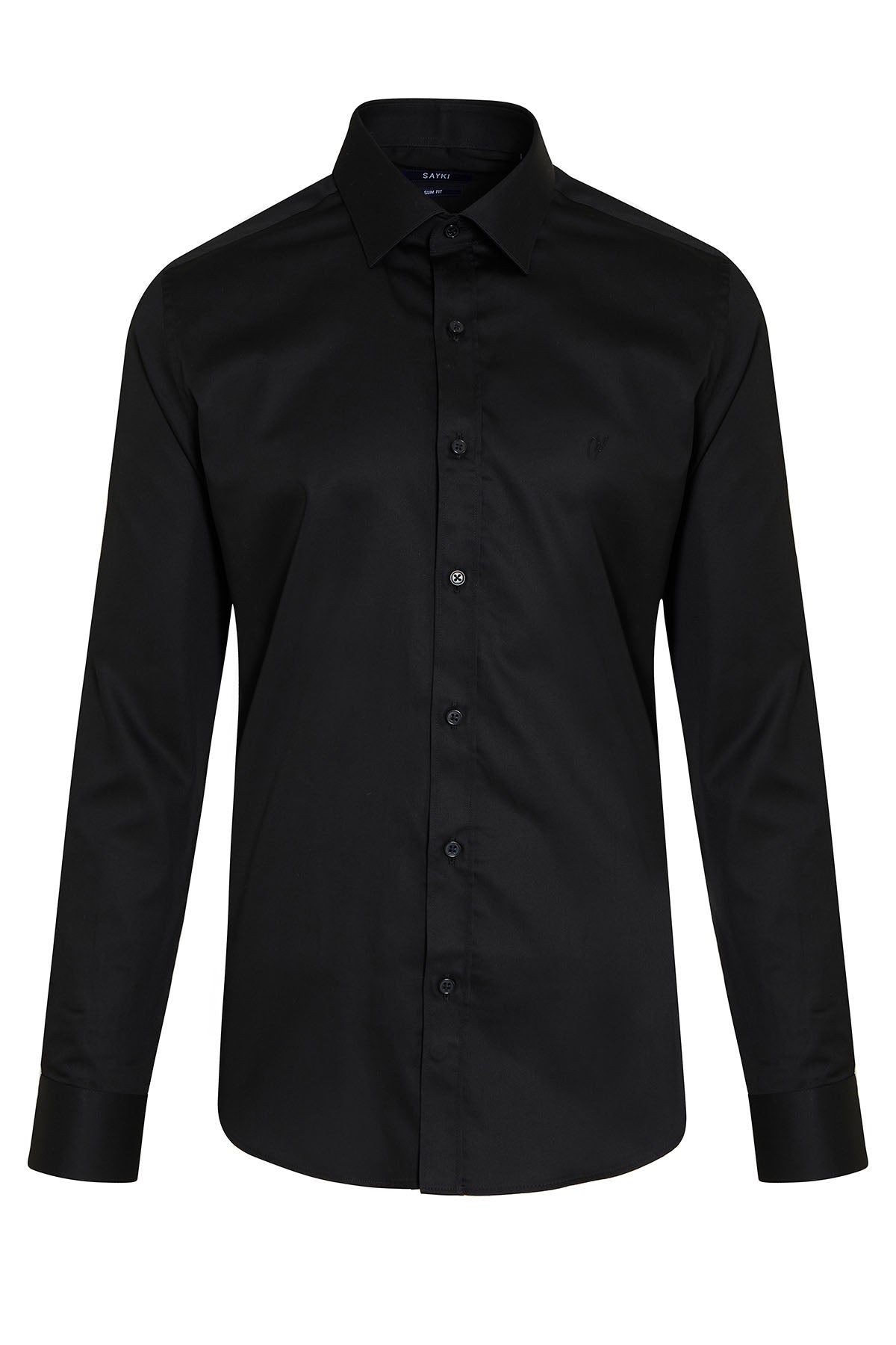 Black men’s formal long-sleeved dress shirt with a crisp collar and matching buttons.
