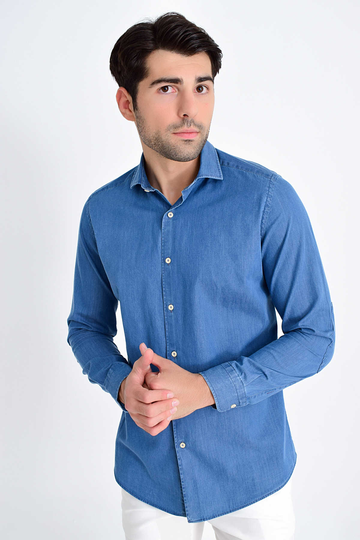 Slim Fit Long Sleeve 100% Cotton Indigo Casual Shirt - SAYKI