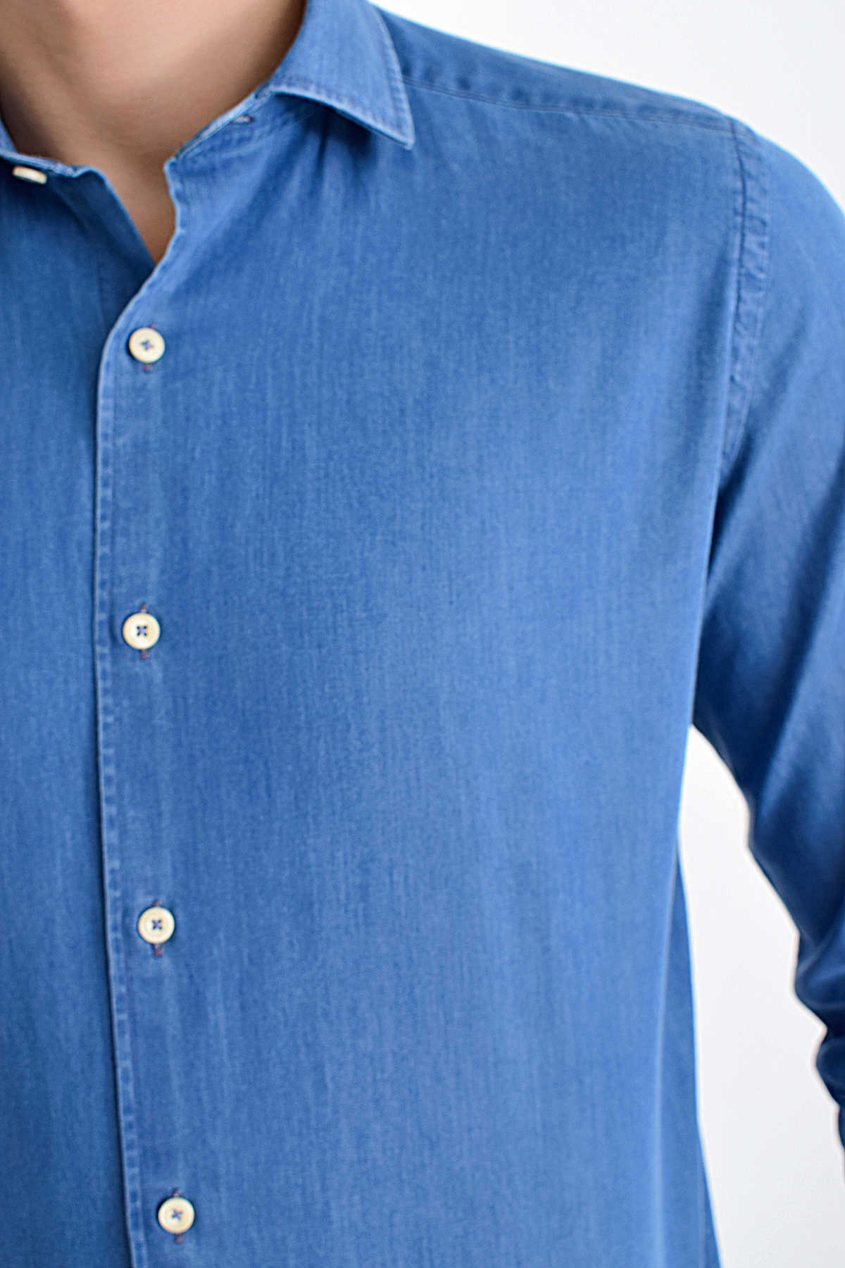 Slim Fit Long Sleeve 100% Cotton Indigo Casual Shirt - SAYKI