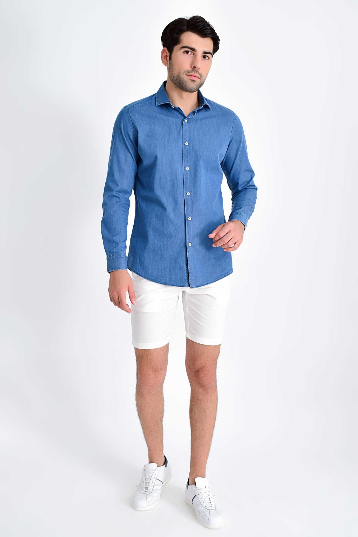 Slim Fit Long Sleeve 100% Cotton Indigo Casual Shirt - SAYKI