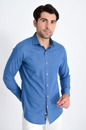 Slim Fit Long Sleeve 100% Cotton Indigo Casual Shirt - SAYKI