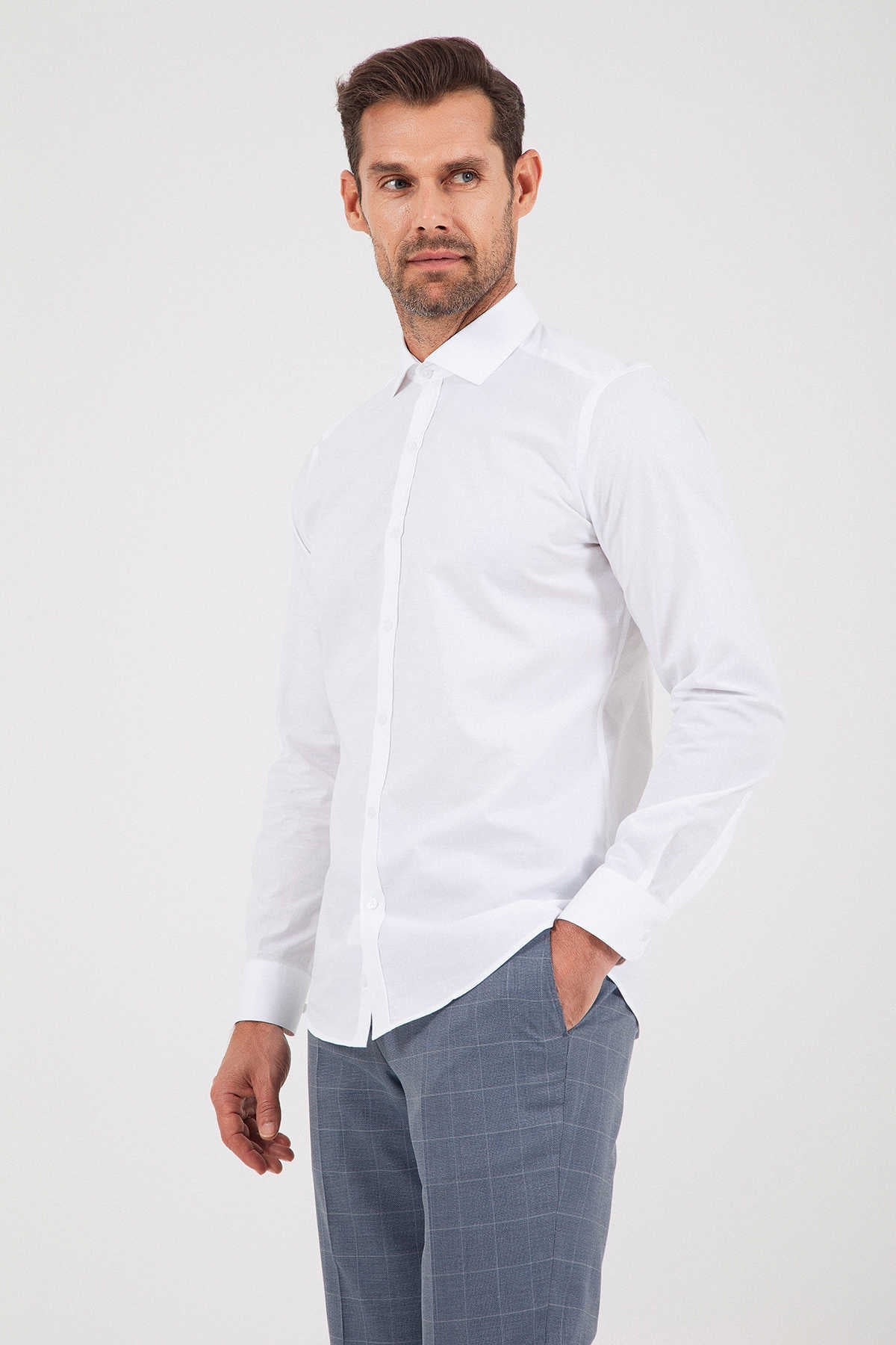 Slim Fit Long Sleeve 100% Cotton White Dress Shirt - SAYKI
