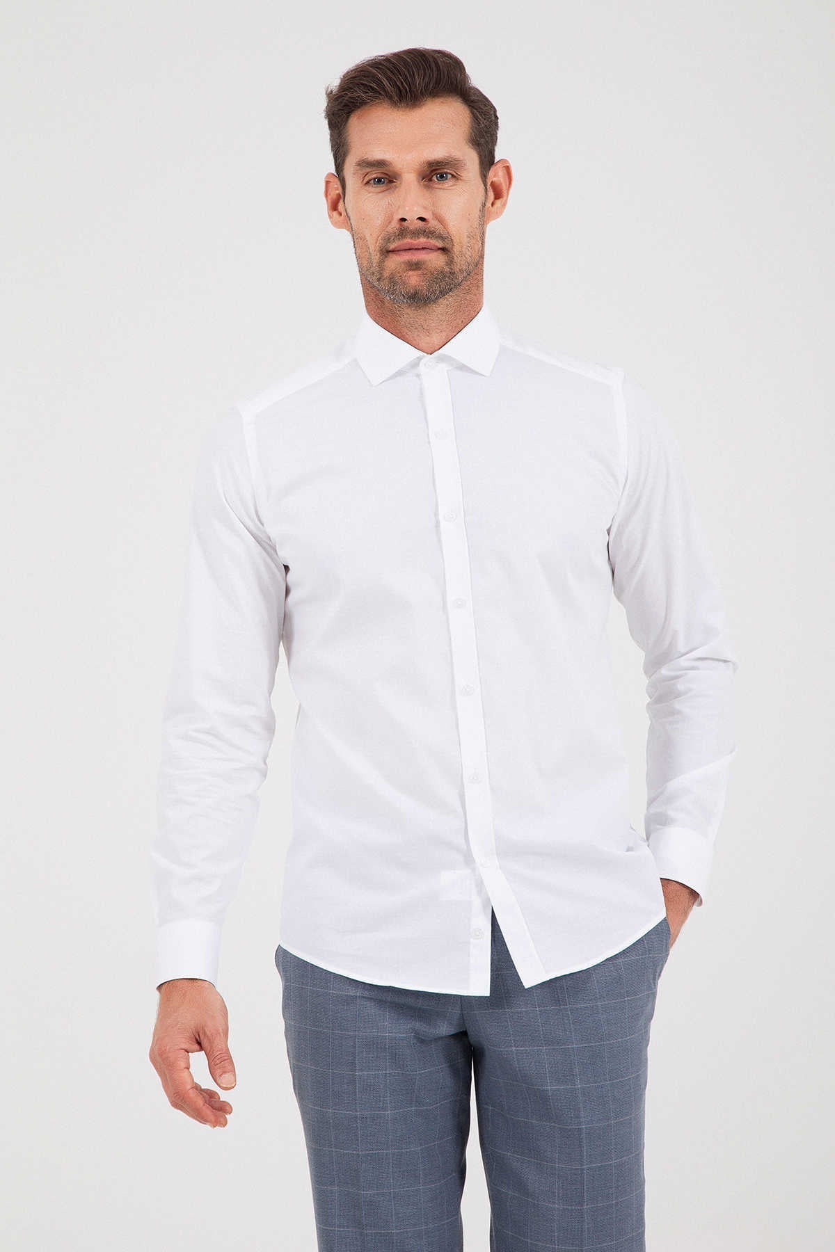 Slim Fit Long Sleeve 100% Cotton White Dress Shirt - SAYKI
