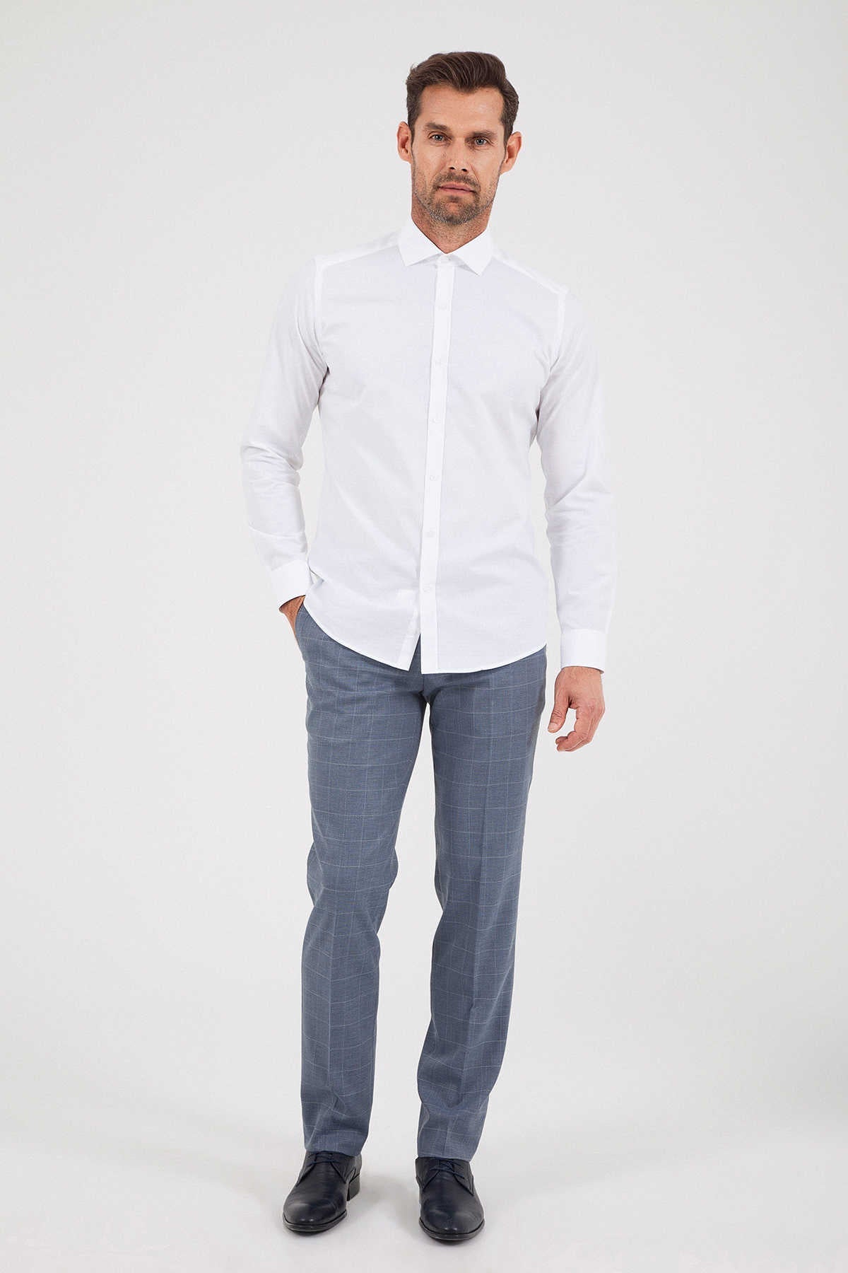 Slim Fit Long Sleeve 100% Cotton White Dress Shirt - SAYKI