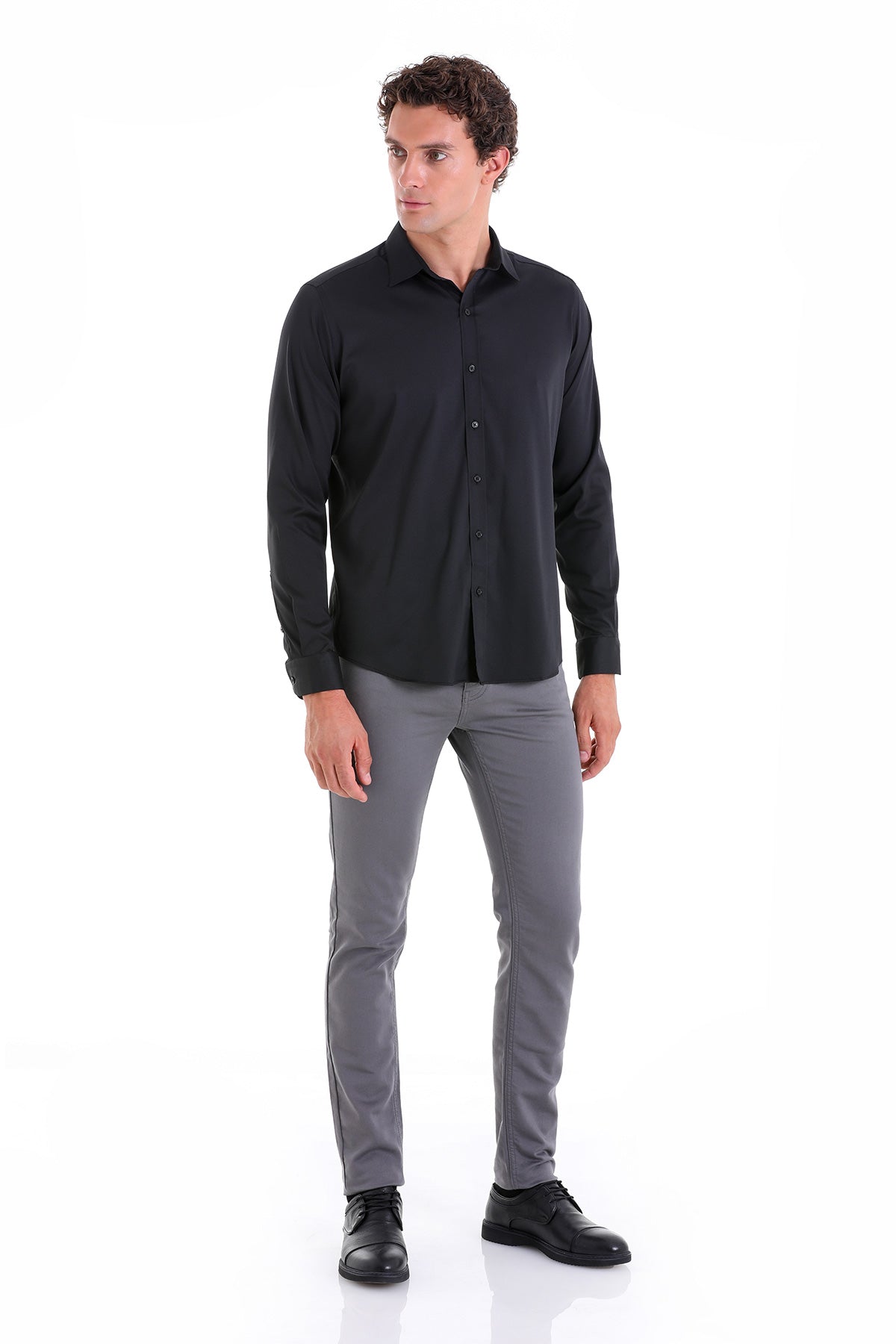Slim Fit Long Sleeve Black Casual Shirt - SAYKI