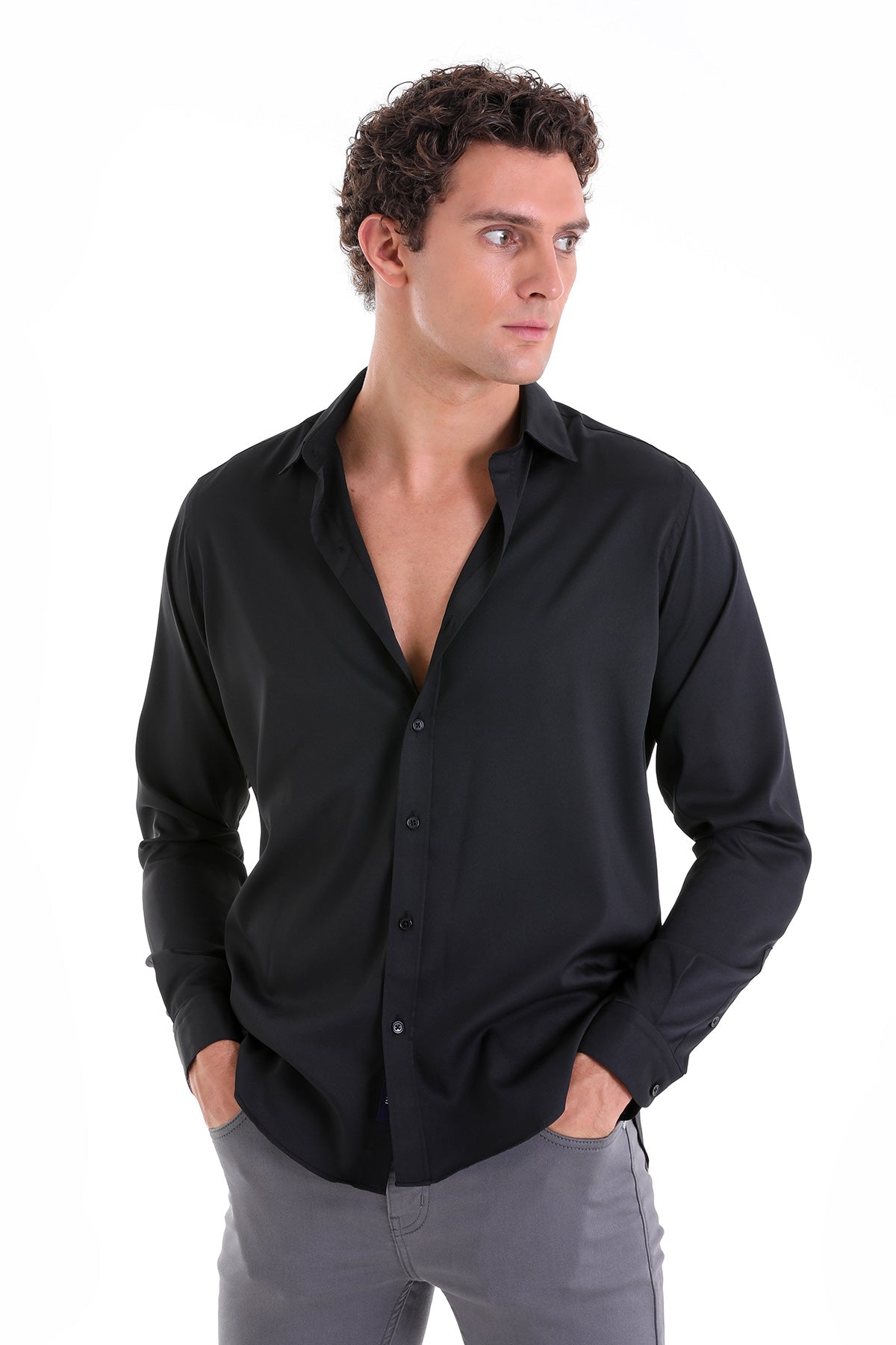 Slim Fit Long Sleeve Black Casual Shirt - SAYKI