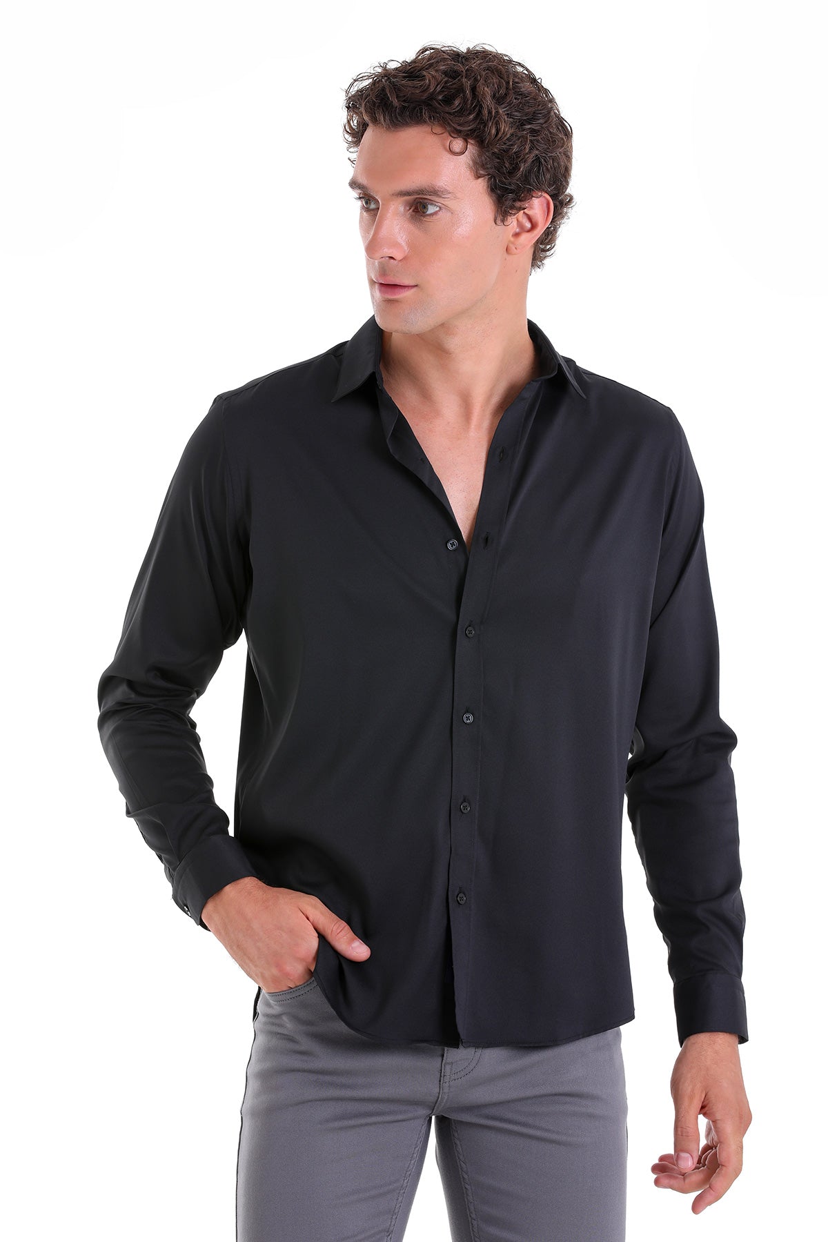 Slim Fit Long Sleeve Black Casual Shirt - SAYKI