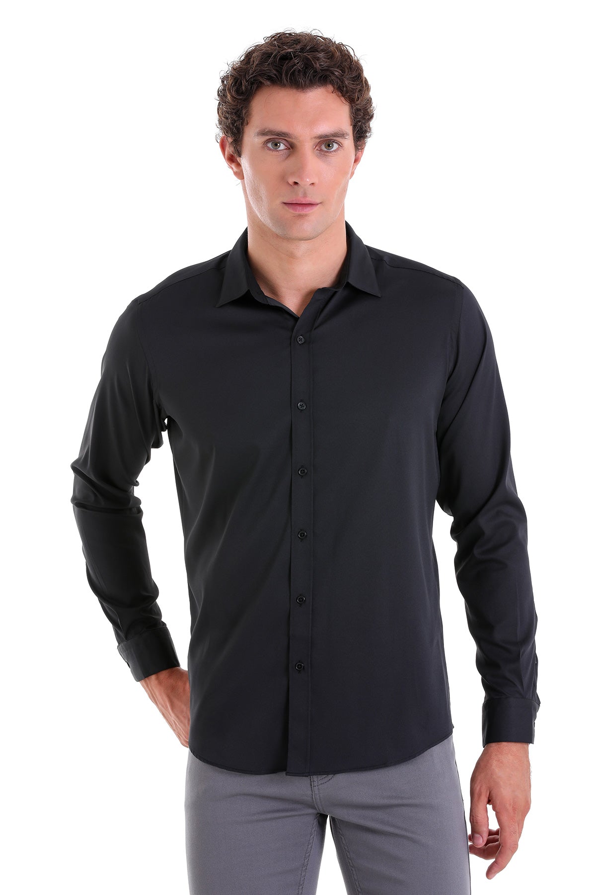 Slim Fit Long Sleeve Black Casual Shirt - SAYKI