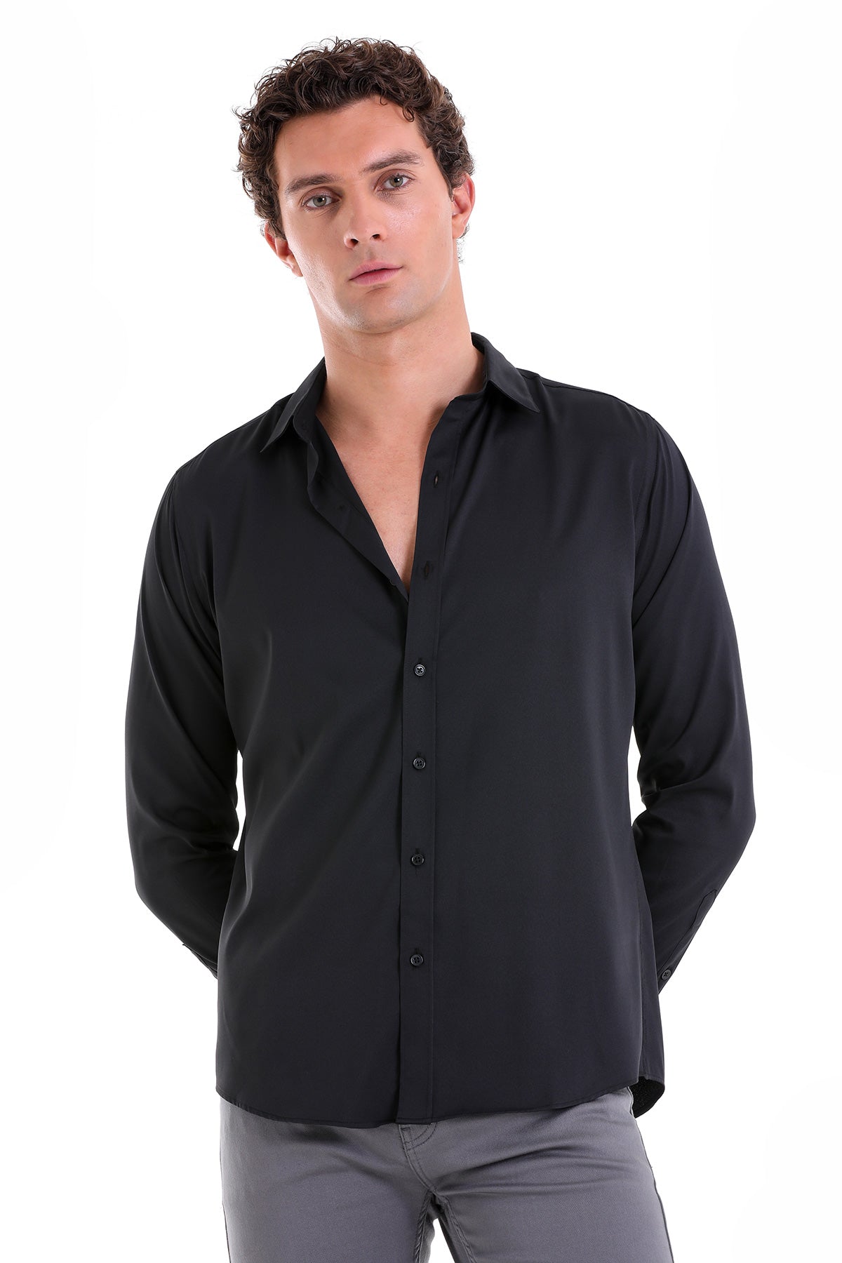 Slim Fit Long Sleeve Black Casual Shirt - SAYKI