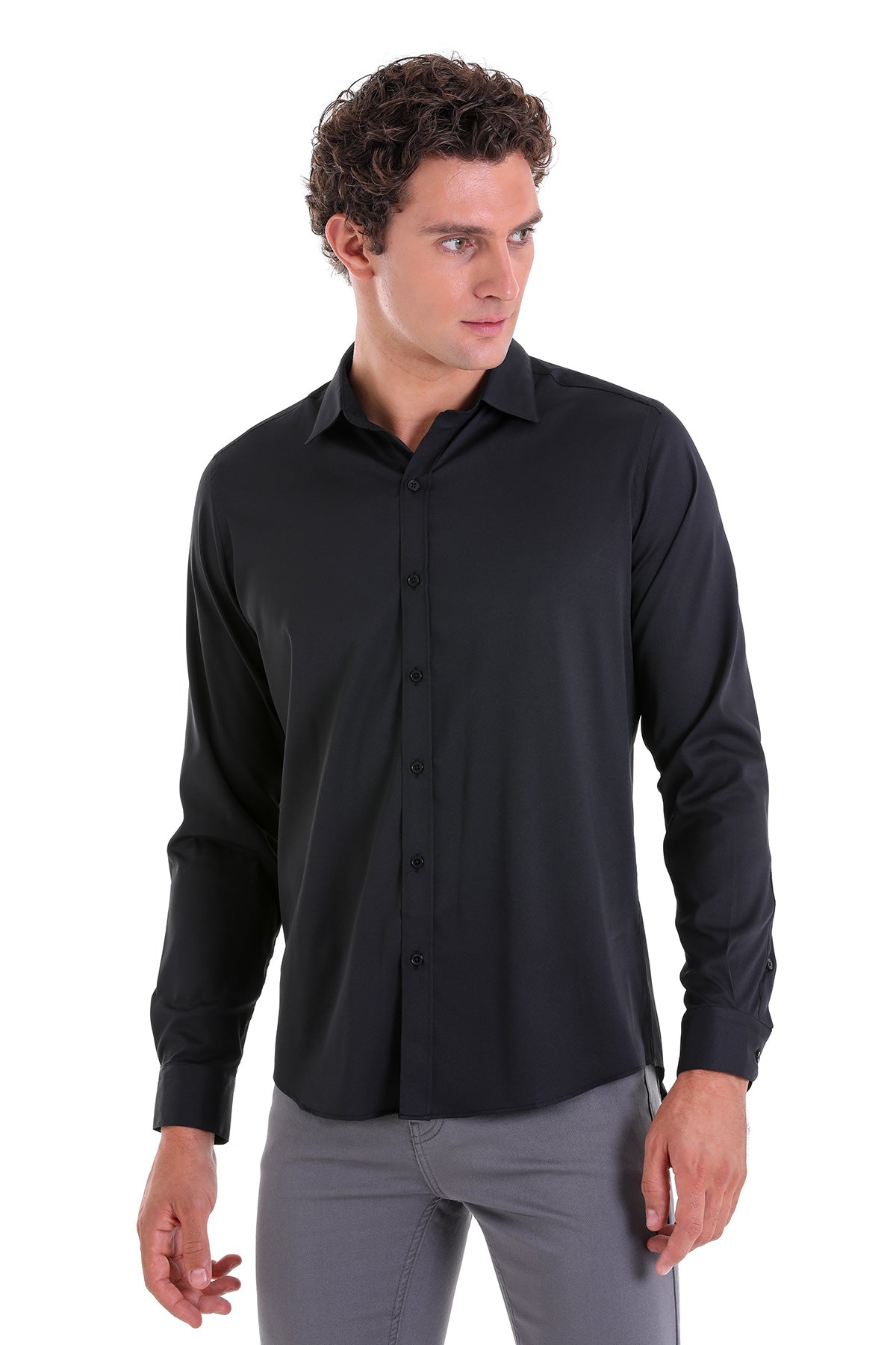 Slim Fit Long Sleeve Black Casual Shirt - SAYKI