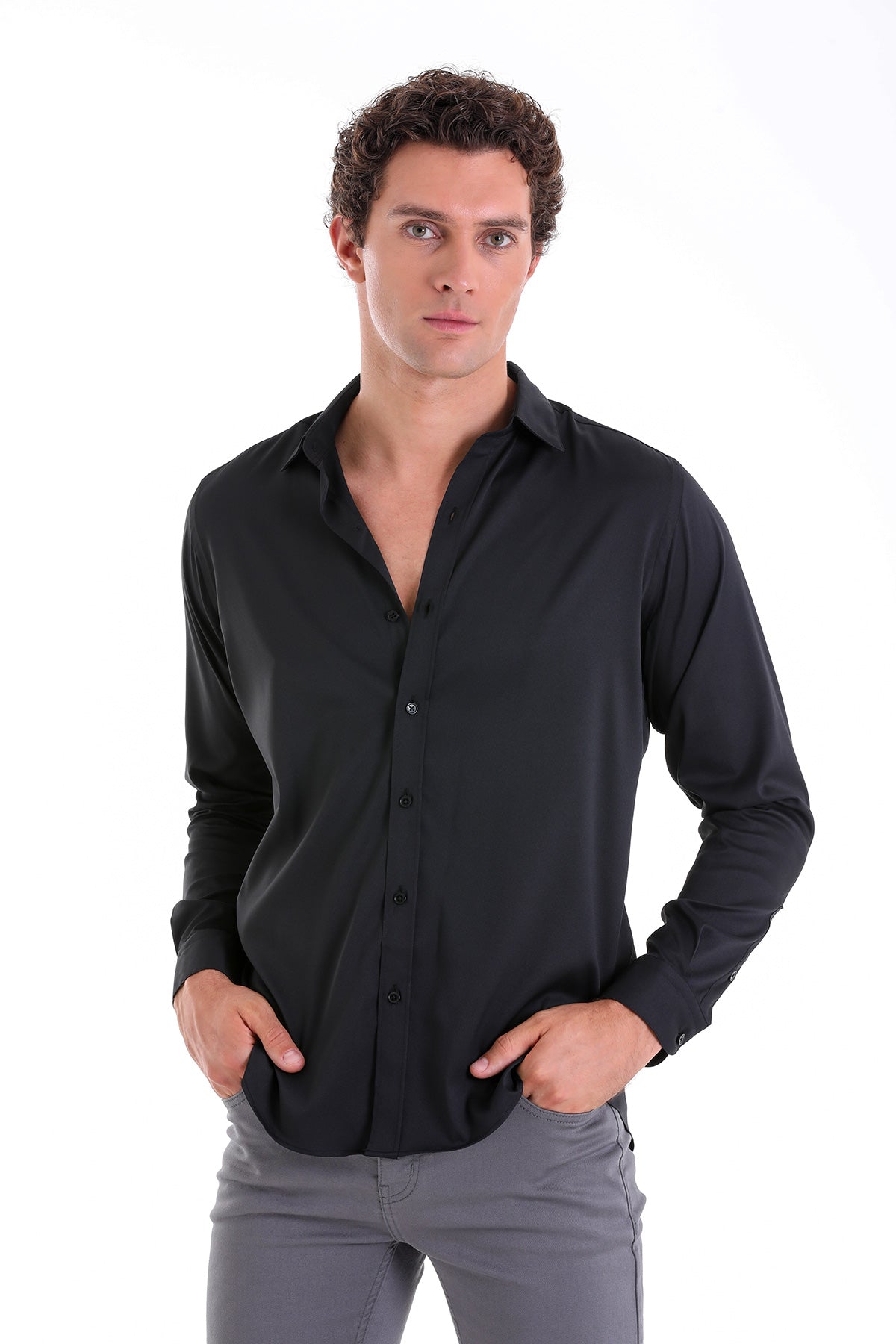Slim Fit Long Sleeve Black Casual Shirt - SAYKI