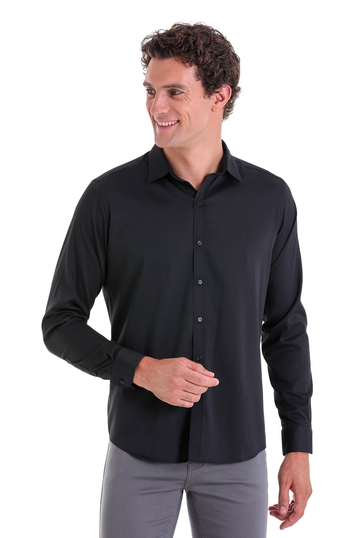 Slim Fit Long Sleeve Black Casual Shirt - SAYKI