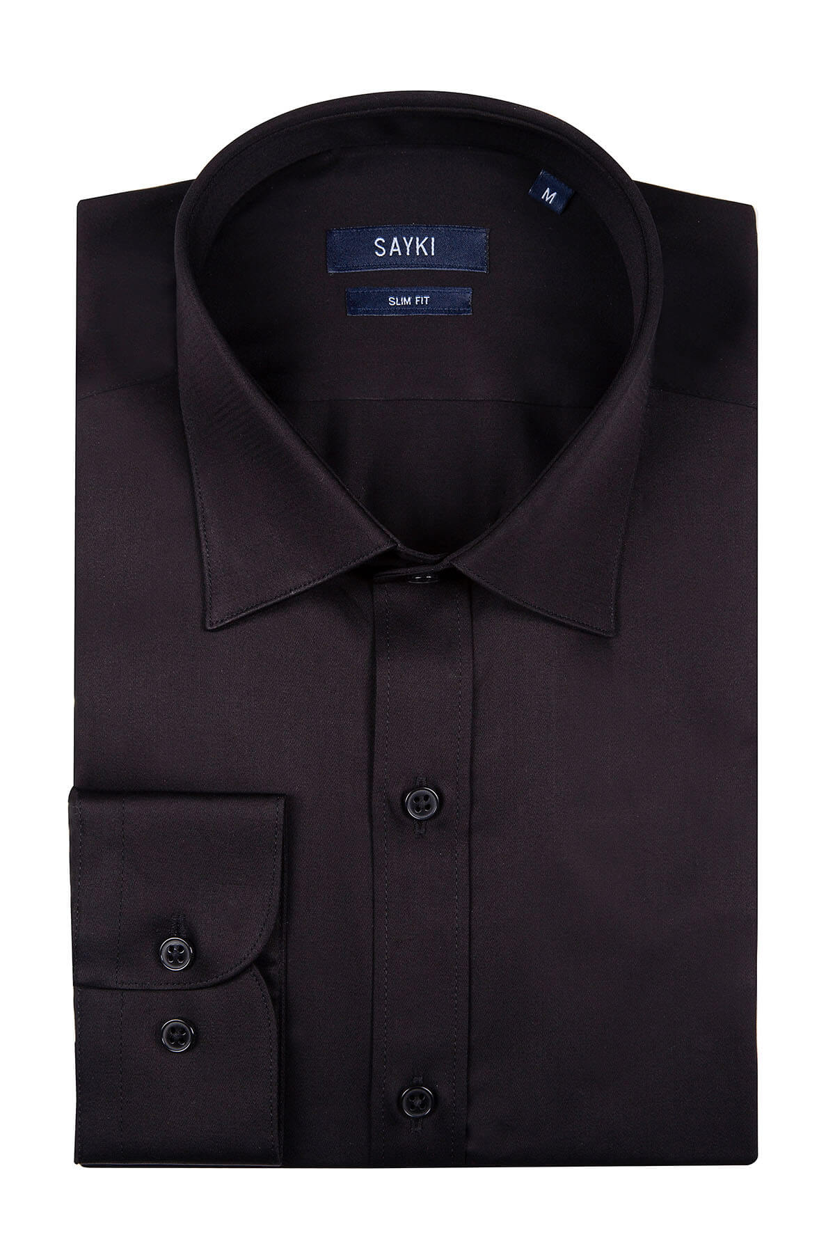 Slim Fit Long Sleeve Cotton Black Dress Shirt - SAYKI