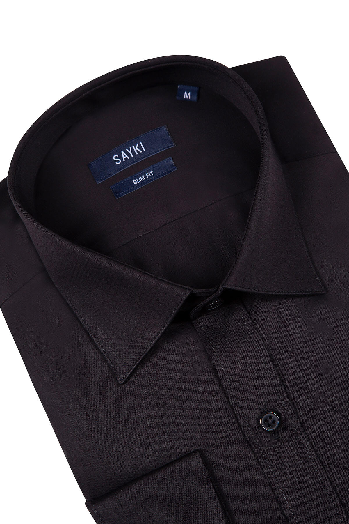 Slim Fit Long Sleeve Cotton Black Dress Shirt - SAYKI