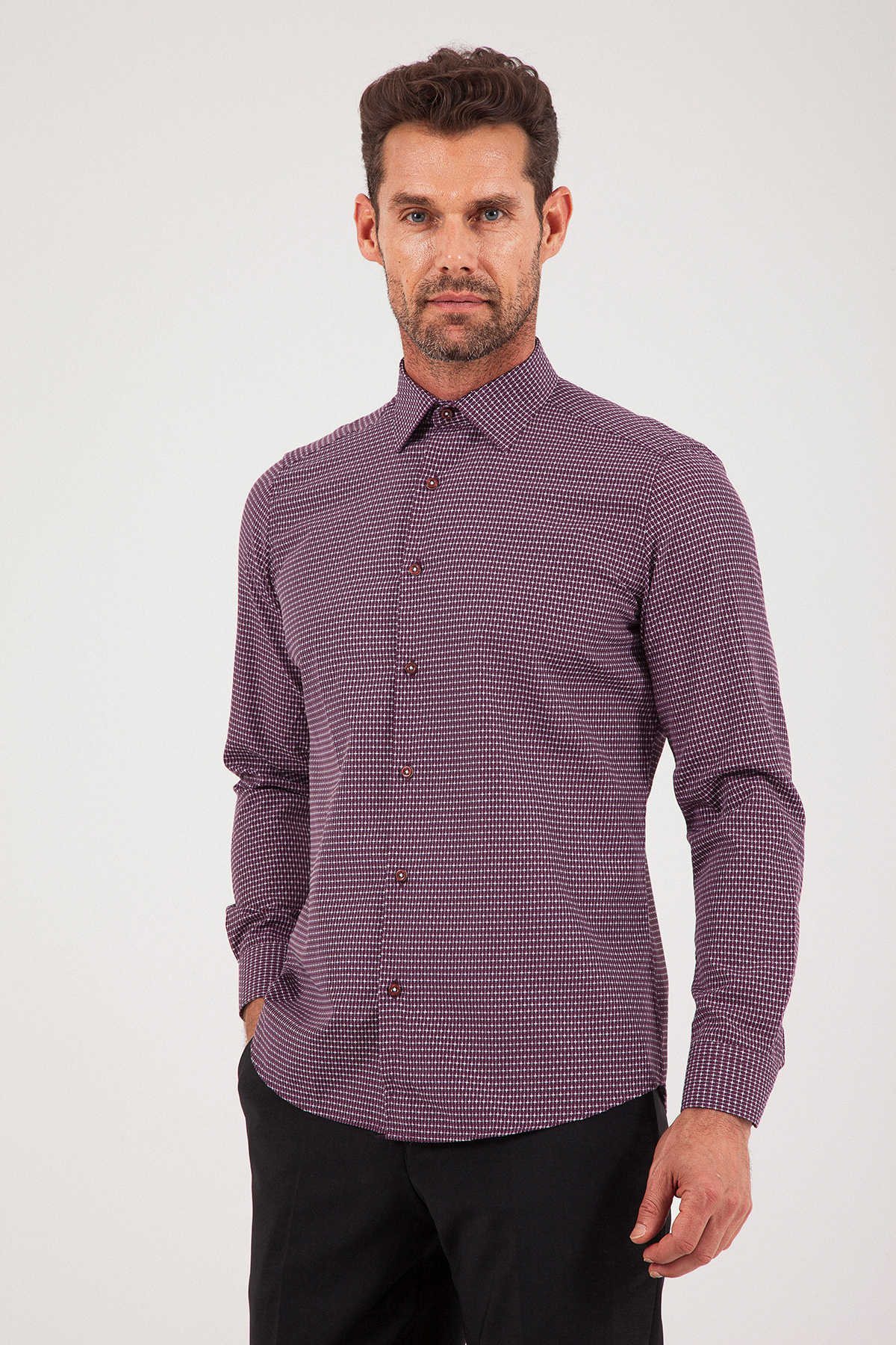 Slim Fit Long Sleeve Cotton Blend Burgundy Dress Shirt