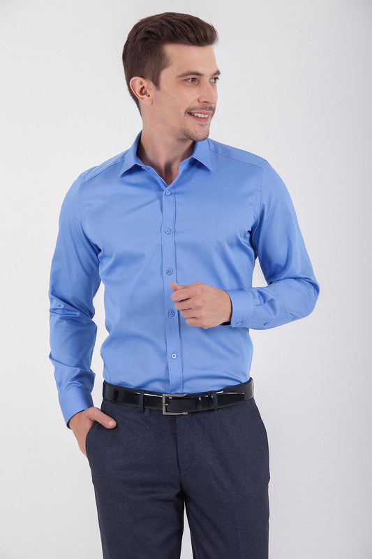 A crisp light blue long-sleeved men’s dress shirt with a classic collar and button-down front.