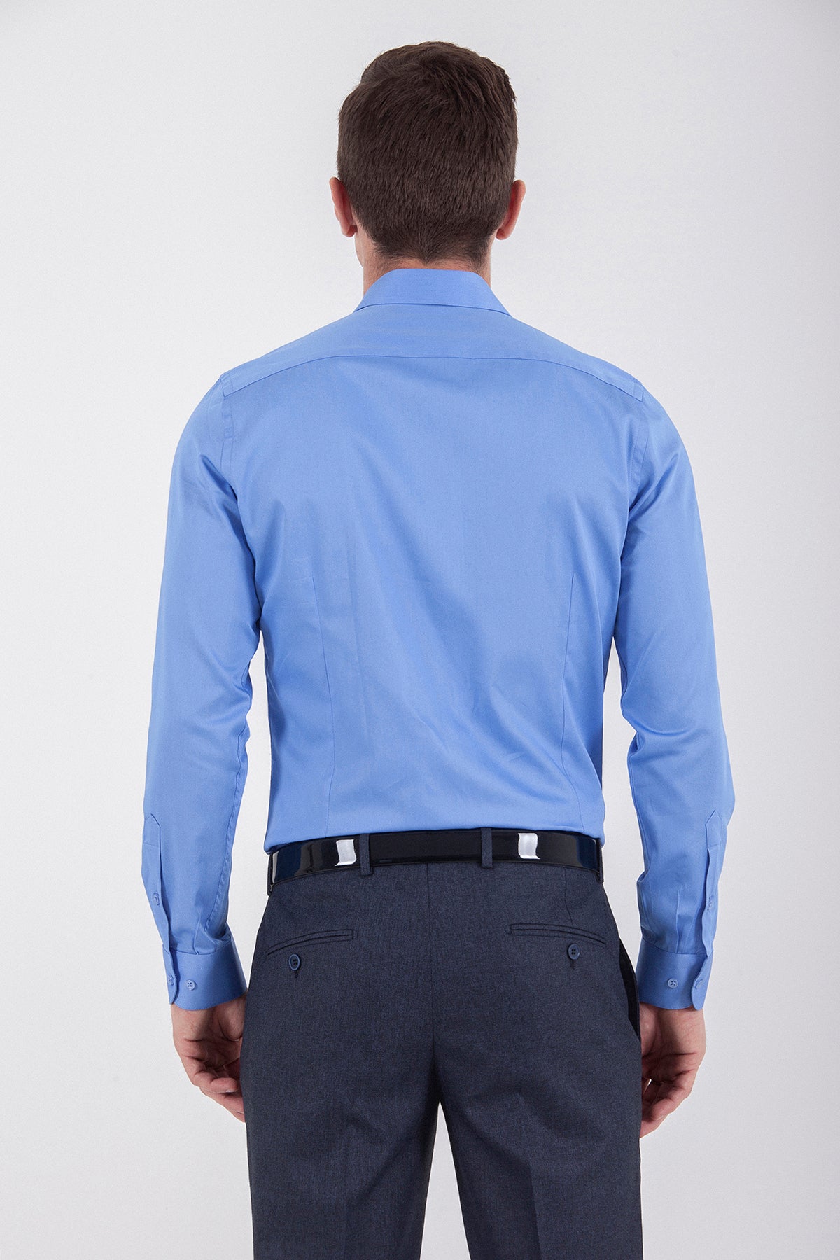 Slim Fit Long Sleeve Cotton Blue Dress Shirt - SAYKI